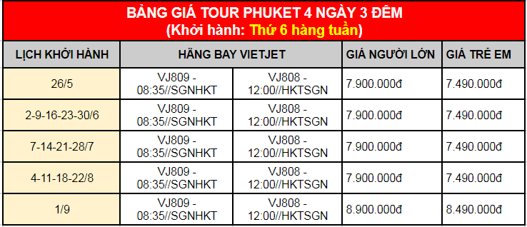 Bảng giá tour Phuket 4 ngày 3 đêm
