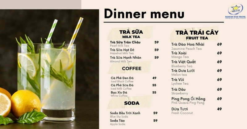 Menu nước tại Mango Beach